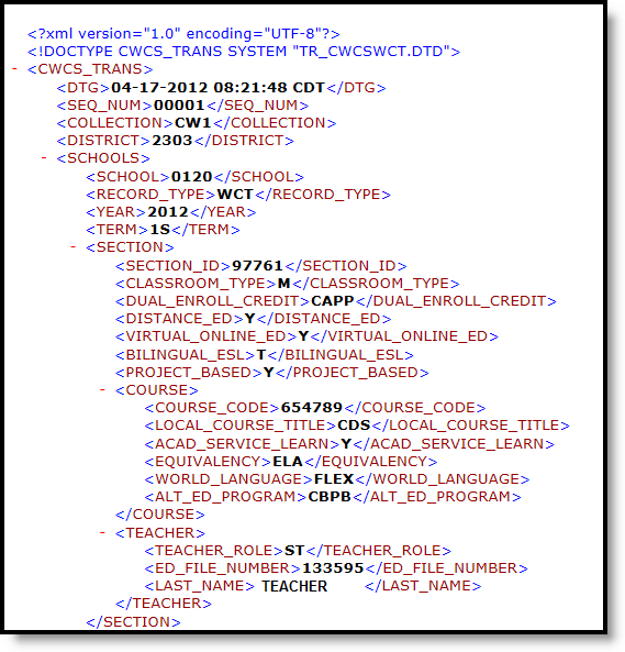 Screenshot of the CWCS Course and Teacher Extract in State Format (XML).