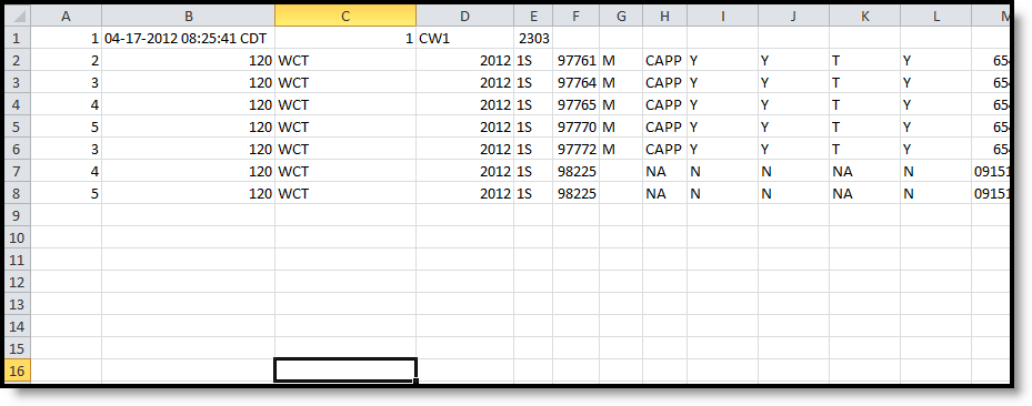 Screenshot of the CWCS Course and Teacher Extract in CSV Format.