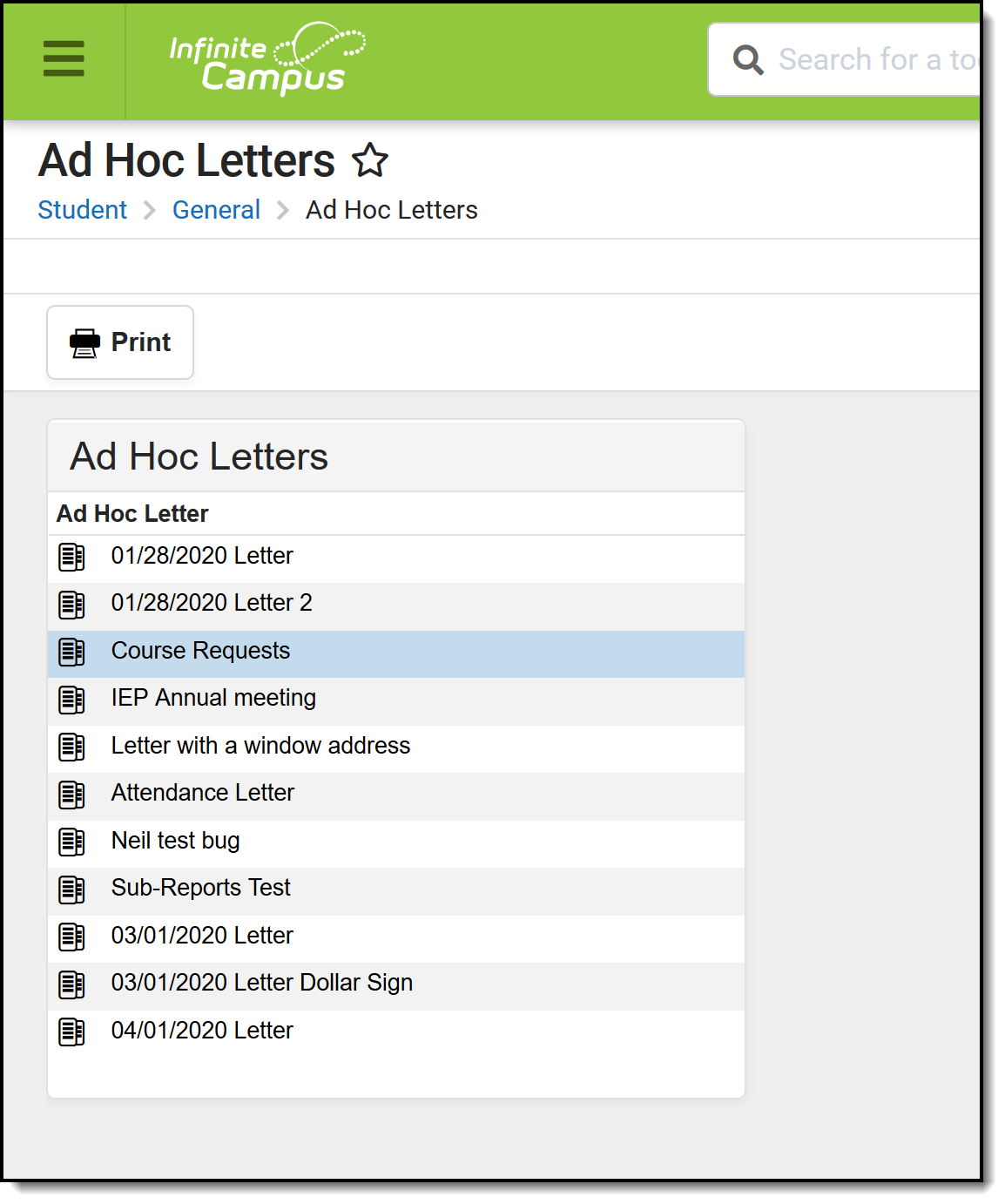 Screenshot of the Student Ad hoc Letters tool, located at Student Information, General
