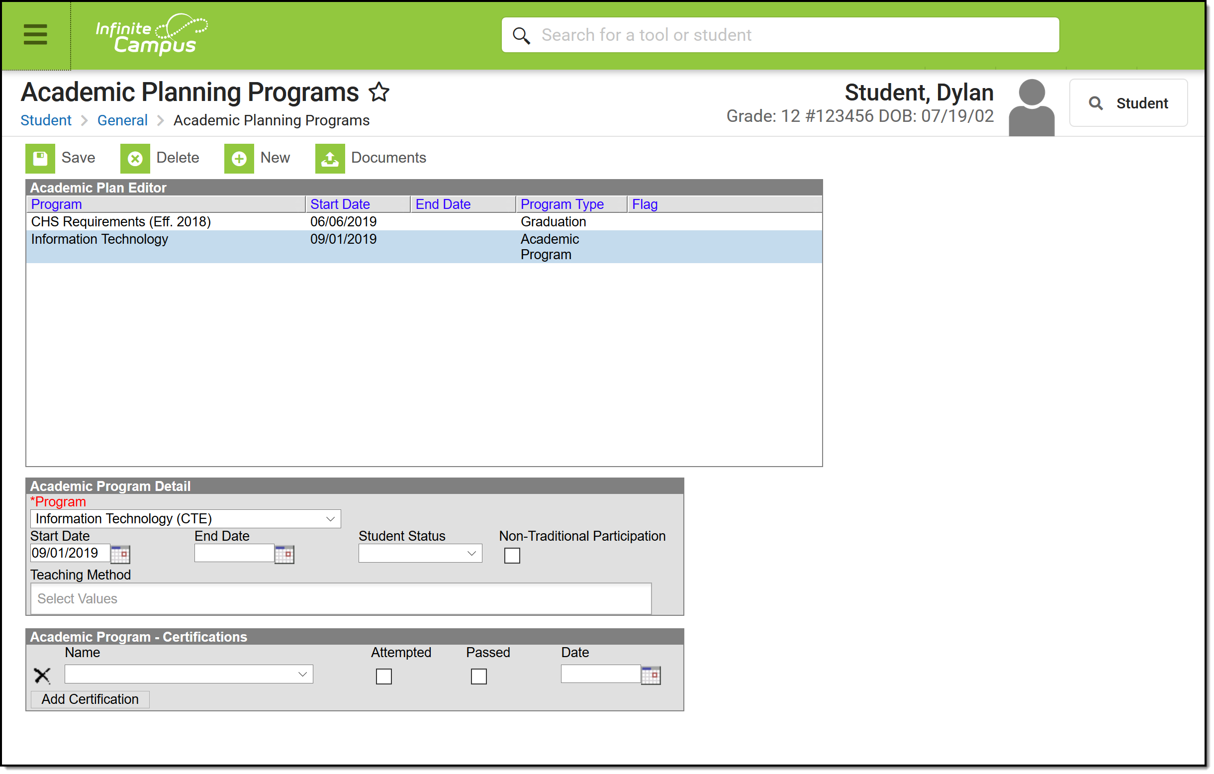 Screenshot of the Academic Planning Programs Academic Plan Editor and Academic Program Detail for a selected student's record.