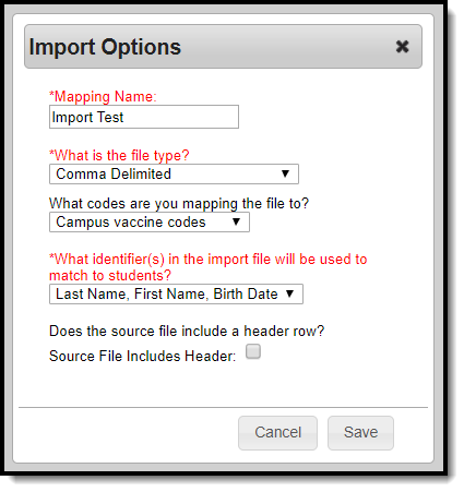 Screenshot of the Import Options modal.