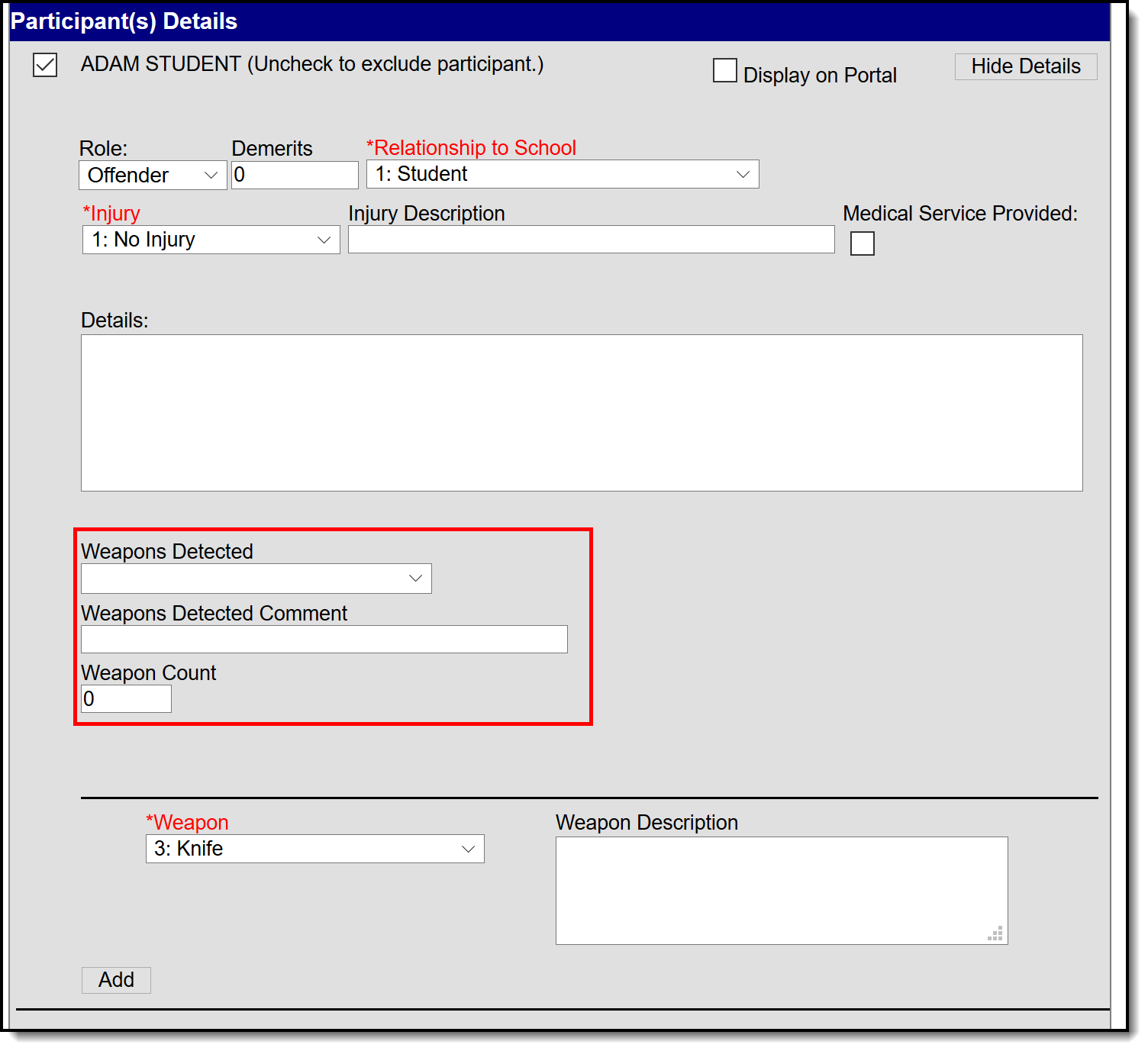 Screenshot of the behavior participant detail editor fields.