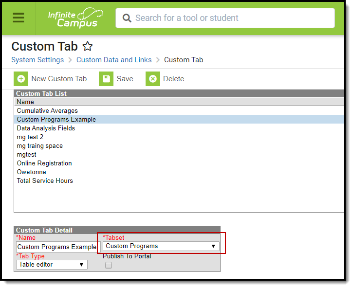 Screenshot of Custom Tab editor