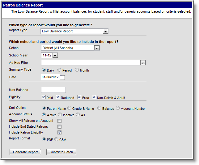 Screenshot of the report editor with the Low Balance Report Type selected. 