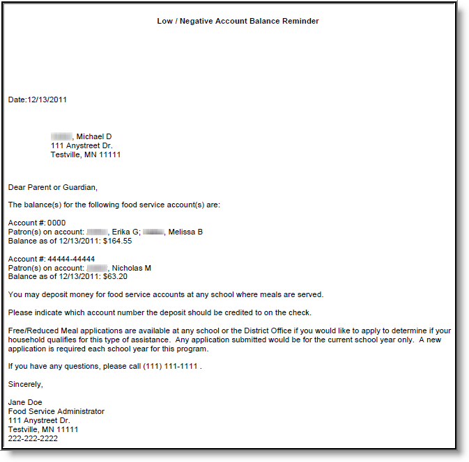 Screenshot of an example of a letter. 