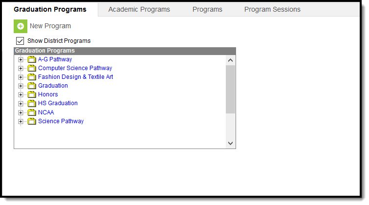 Screenshot of graduation programs with preference to show district programs selected.