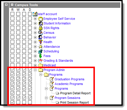 Screenshot of Program Admin tool rights.