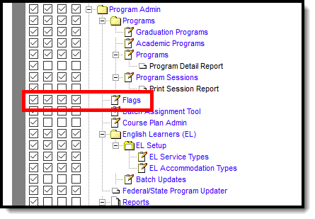 Screenshot of Flags tool rights.