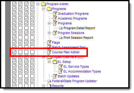 Screenshot of Course Plan Admin tool rights.
