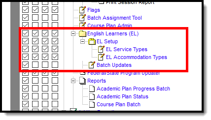 Screenshot of English Learners tool rights.