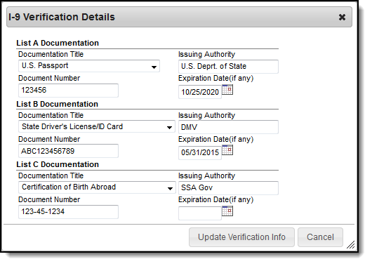 Screenshot of the I-9 Verification Details of the Personnel Master.