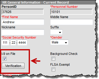 Screenshot of the HR General Information, calling out the I-9 on File and Verification boxes.