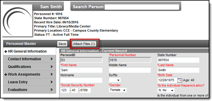 Screenshot of the HR General Information section of the Personnel Master, calling out the Attach Files button.