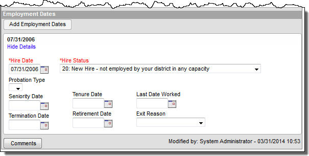 Screenshot of the Employment Date fields in the HR General Information section of the Personnel Master.