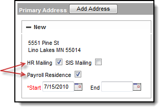 Screenshot of the HR Mailing and Payroll Residence checkboxes