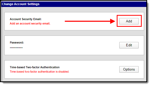 screenshot of the Account Security Email Add button highlighted