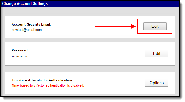 screenshot of the Account Security Email Edit button highlighted