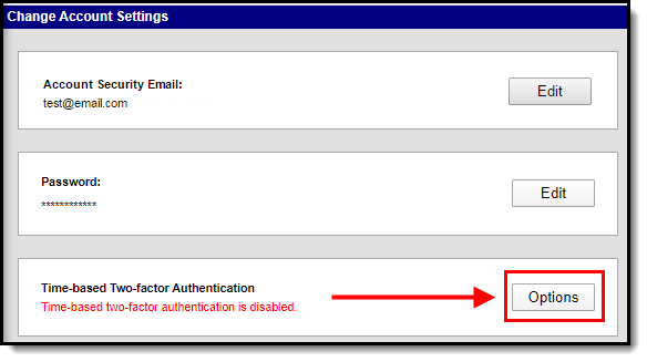 screenshot of the Time based two factor authentication options button highlighted