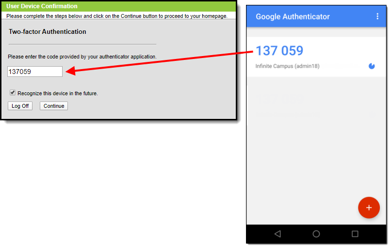 screenshot of entering an authentication code provided via an authenticator app