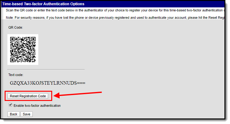 screenshot of the reset registration code button highlighted