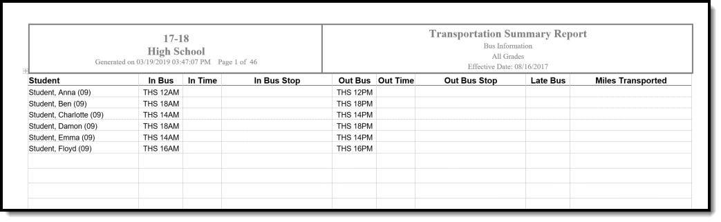Screenshot of Transportation Summary Report output.
