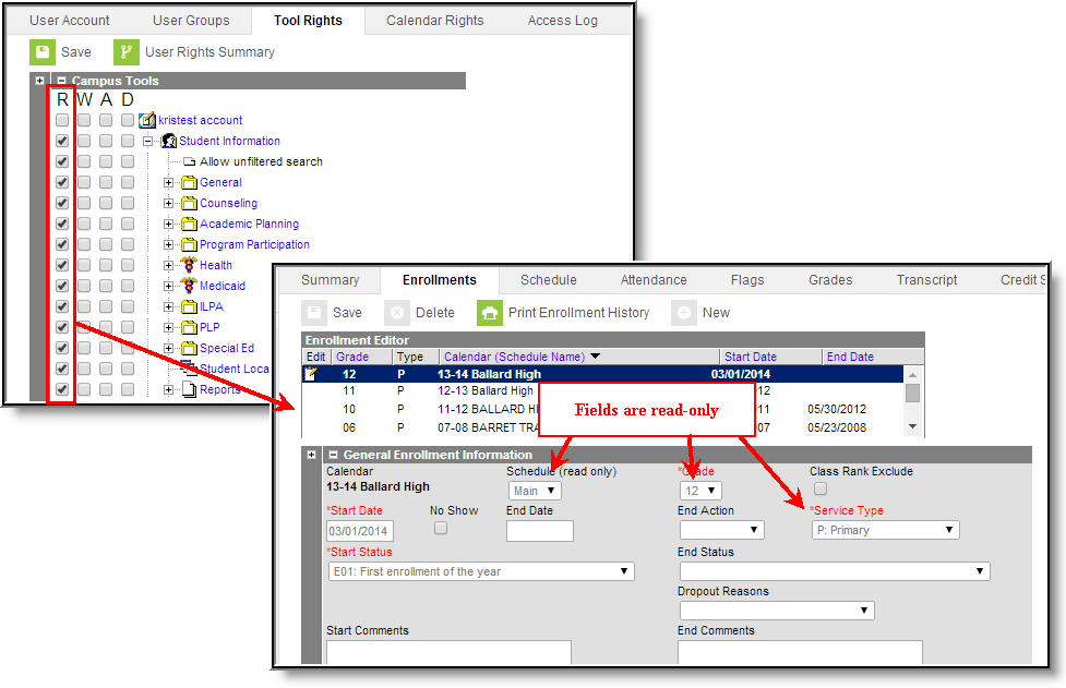 Screenshot of a user with limited tool rights 