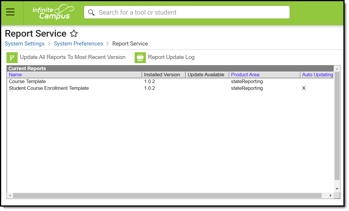Screenshot of report service tool
