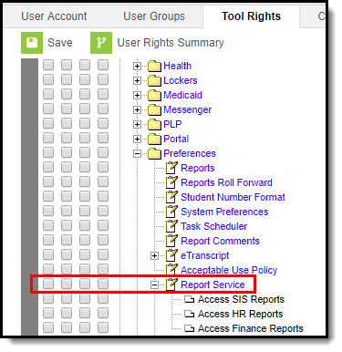 Screenshot of report service tool right