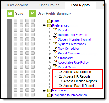 Screenshot of report service sub-rights
