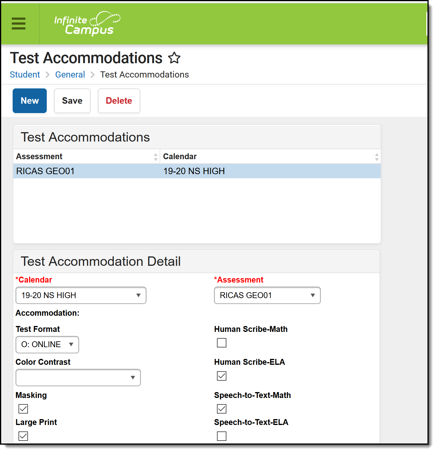 Screenshot of the Test Accommodations tool. 