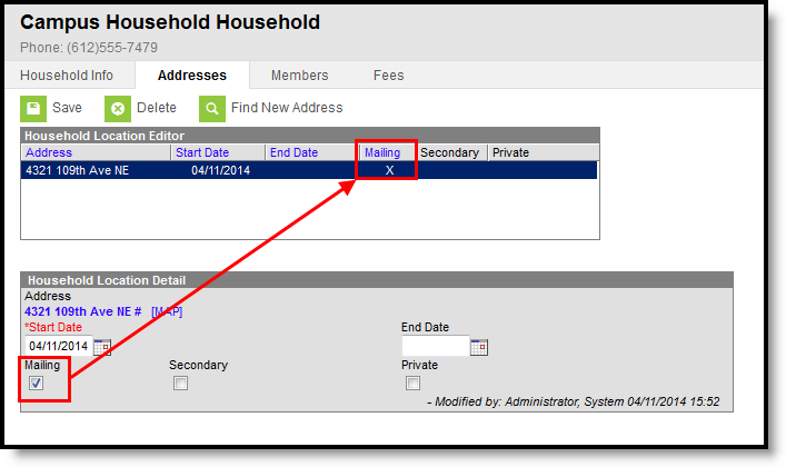 Screenshot of the mailing checkbox in household addresses