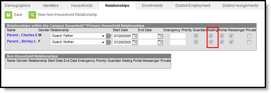 Screenshot of mailing checkboxes in Relationships