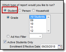 Screenshot of the student report selection