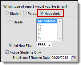Screenshot of the household report selection