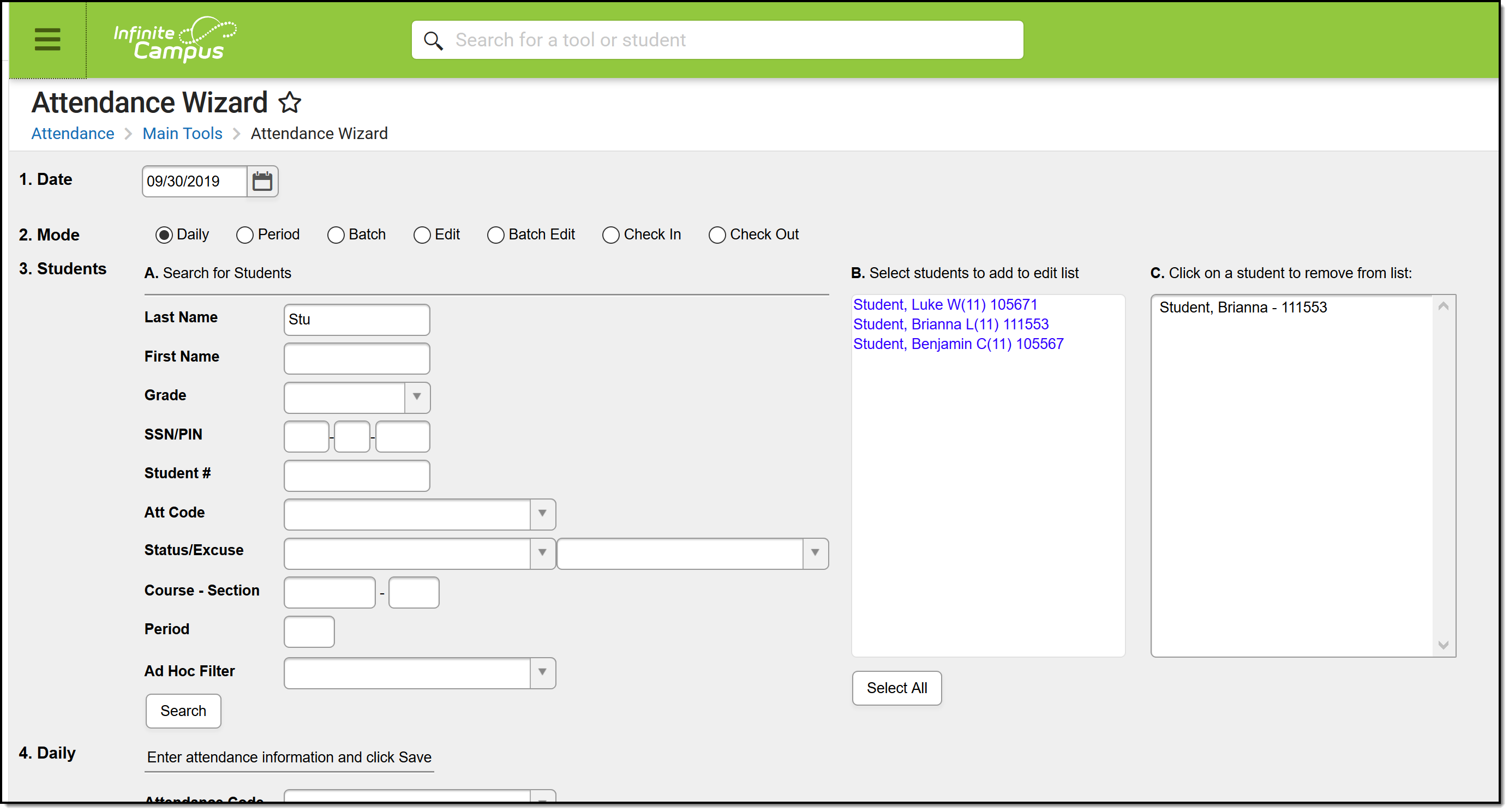 Screenshot of the Attendance Wizard tool.