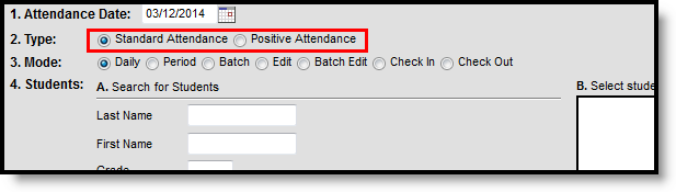 Screenshot of Attendance Wizard Type selection options.