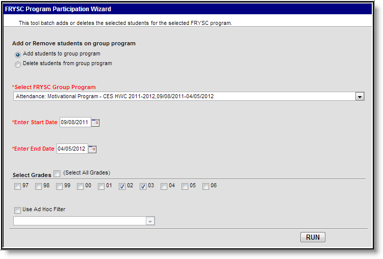 Screenshot of the FRYSC Program Participation Wizard displaying the Add students to group program option selected.