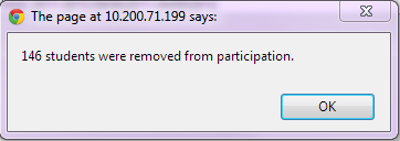 Screenshot of a pop-up message indicating the number of students removed from an FRYSC program after the wizard has been run.
