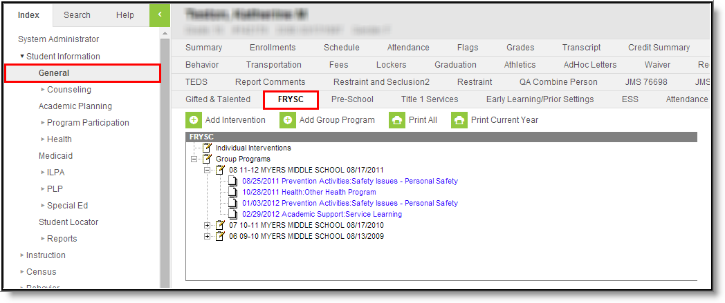 Screenshot of a student’s FRYSC tab verifying an FRYSC program has been added or removed.