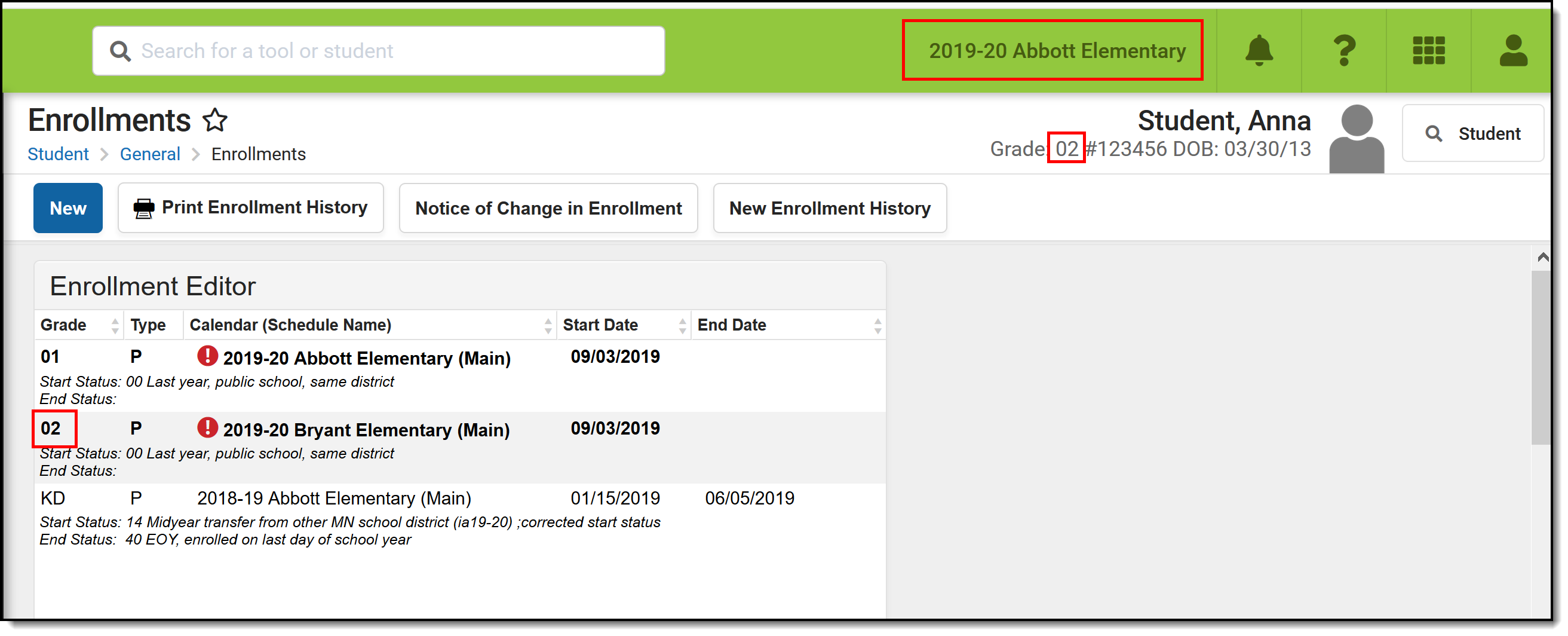 Screenshot of a student with two primary enrollments for the same grade level.