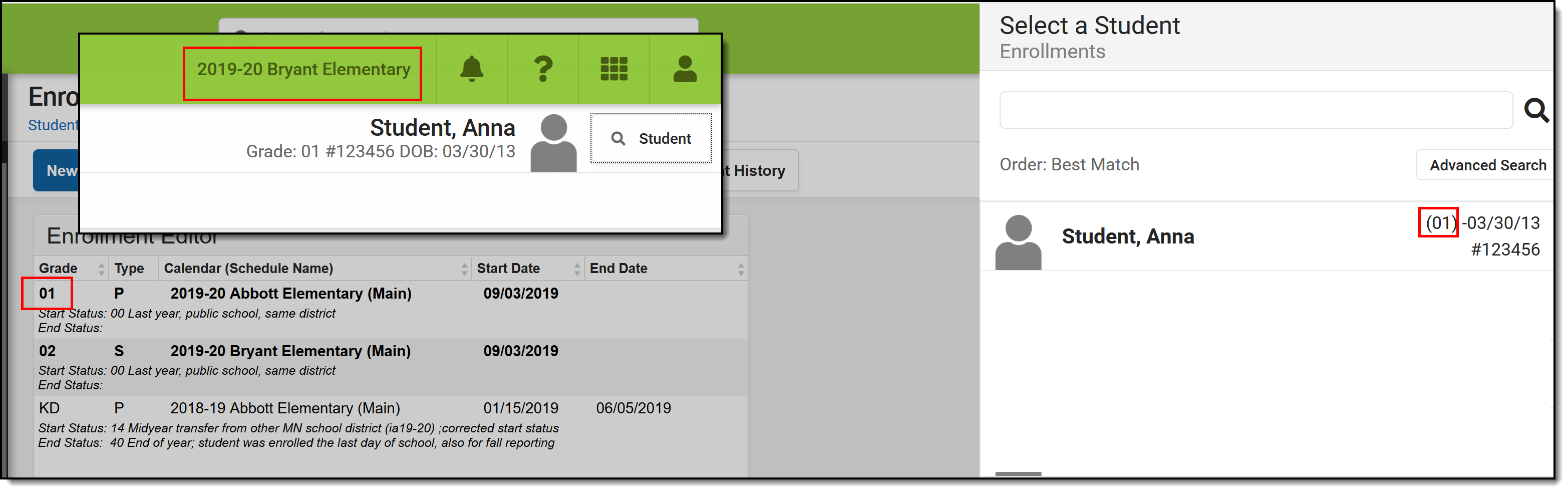 Screenshot of a student with one primary enrollment for their grade level.