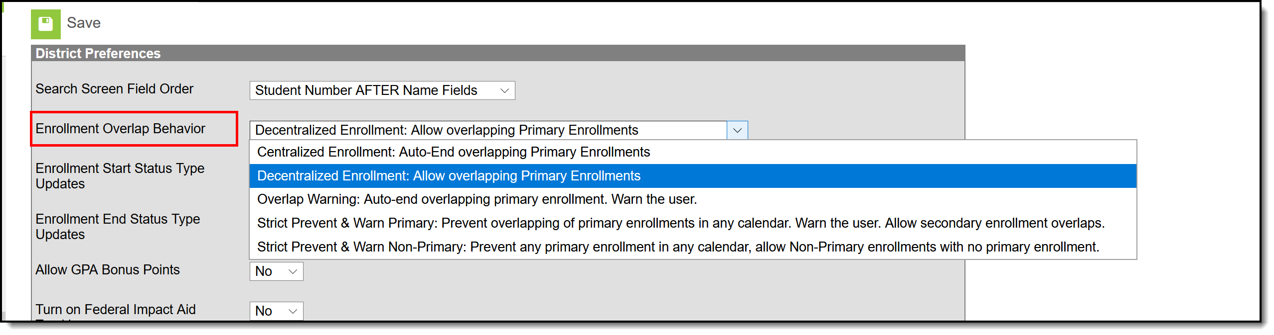 Screenshot of the enrollment overlap system preferences.