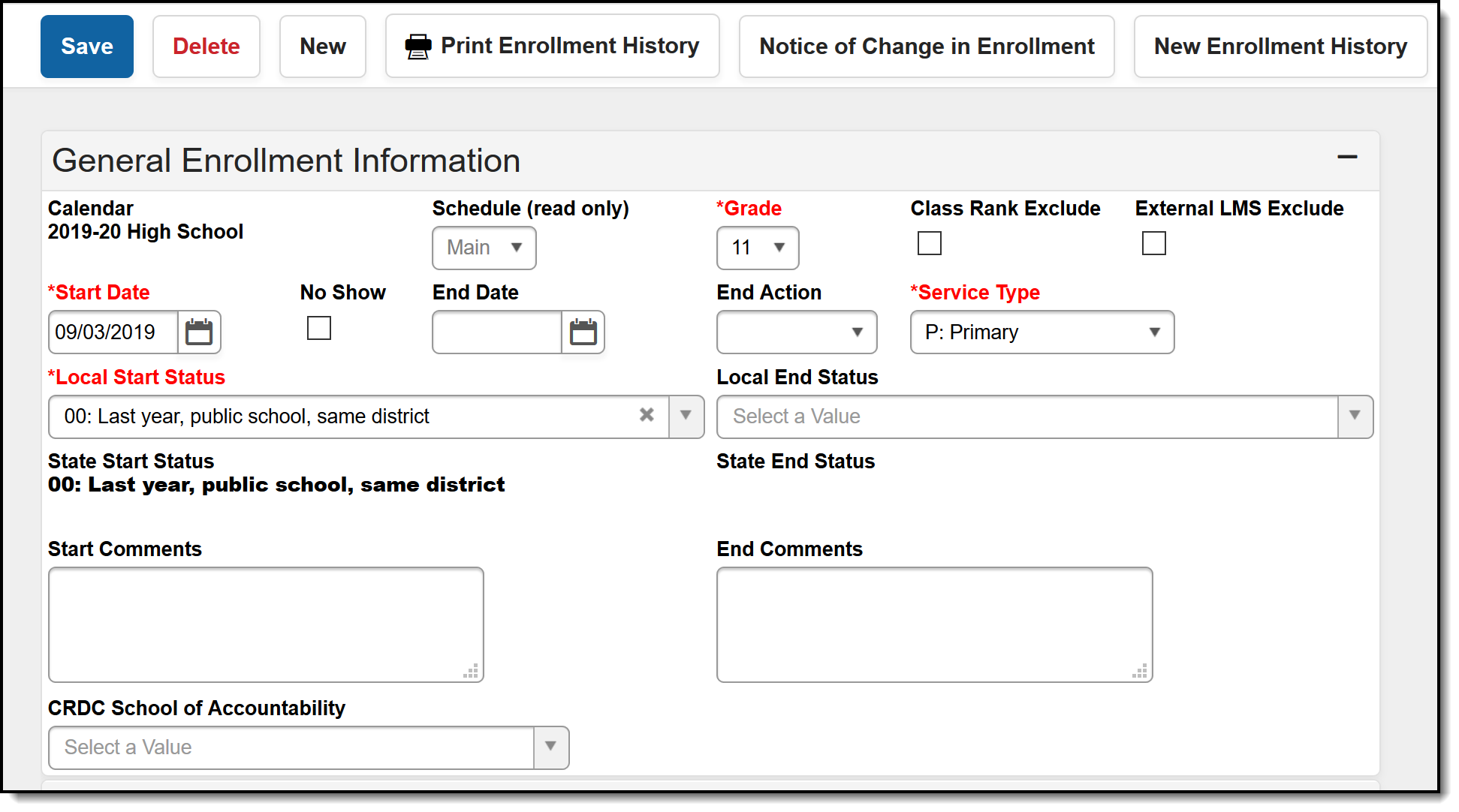 Screenshot of the General Enrollment Editor fields.