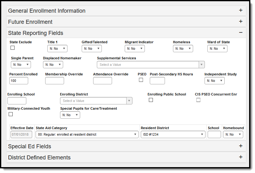 Screenshot of the State Reporting Enrollment Editor fields.