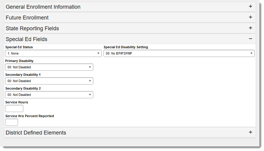 Screenshot of the Special Education Enrollment Editor fields.