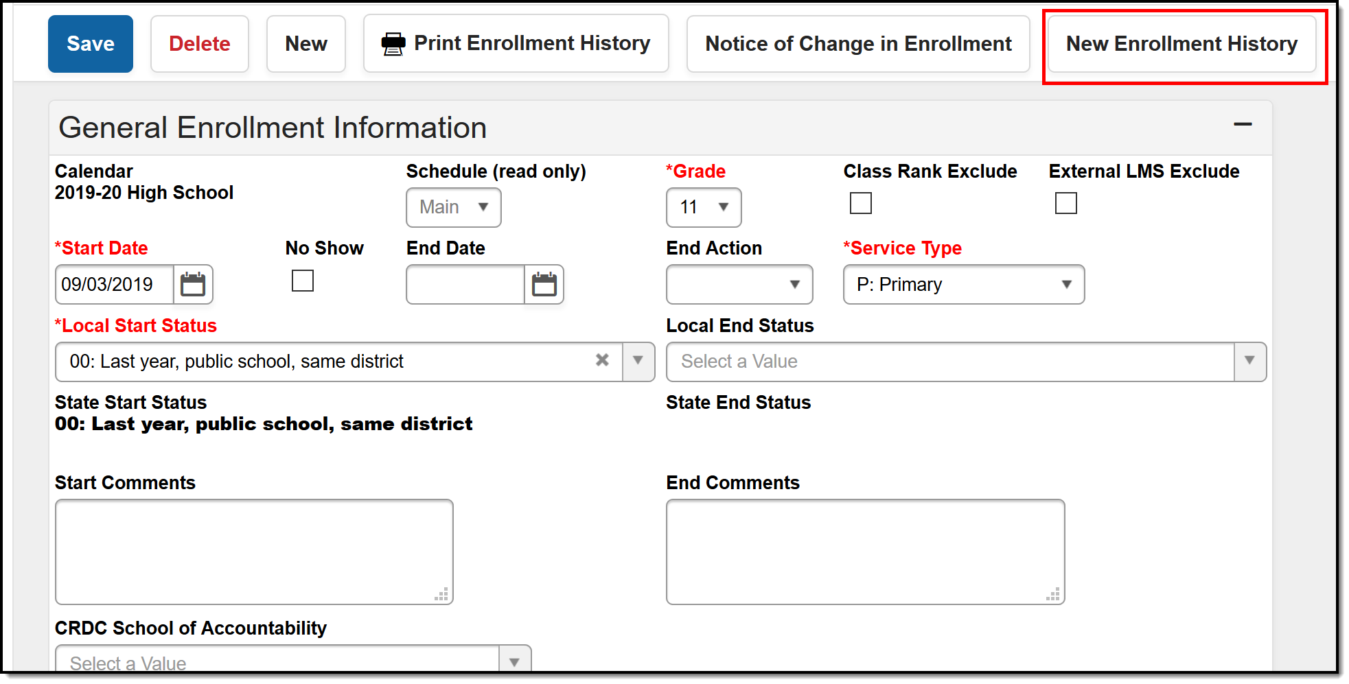 Screenshot highlighting the New Enrollment History button.