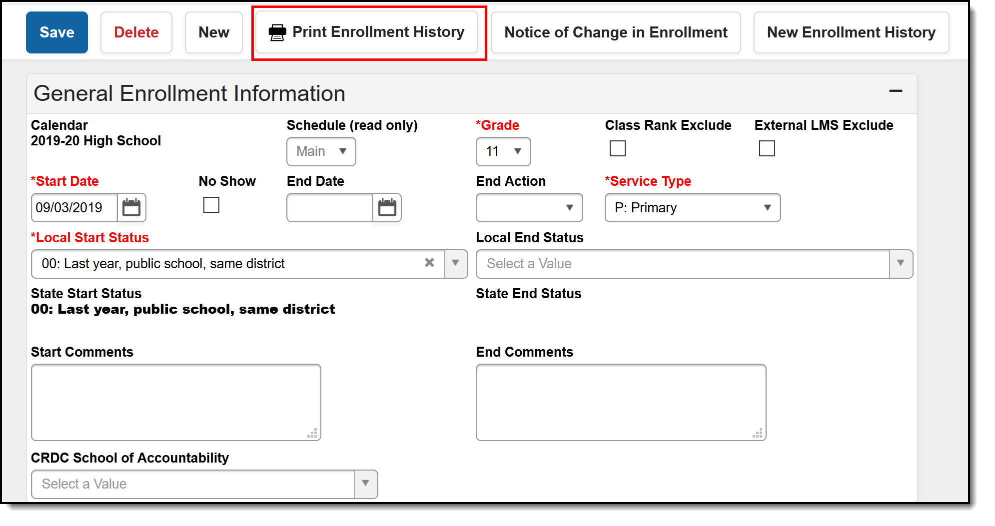 Screenshot of the Print Enrollment History button.