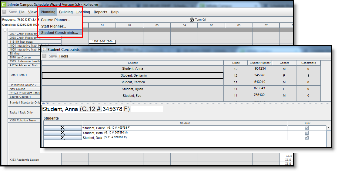 Screenshot of the Student Constraints tool in the Schedule Wizard. 