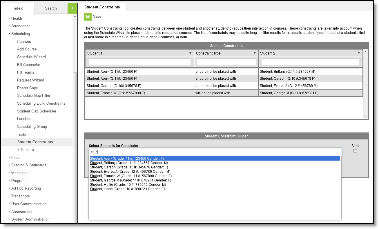 Screenshot of the student constraints tool