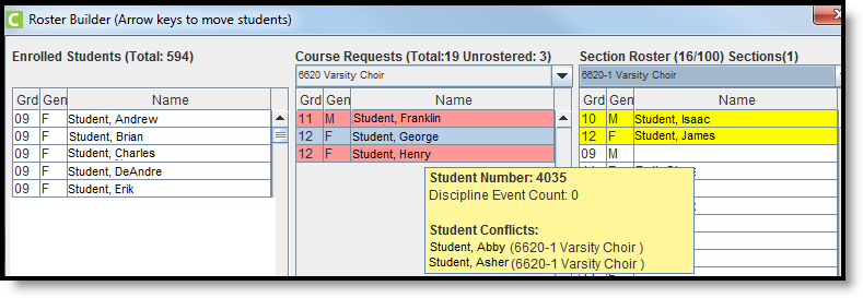 Screenshot of the student constraints showing in the manual roster builder. 